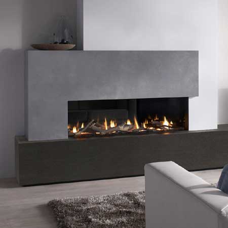 Tunnel fireplace. 86% highest measured output. Powervent system optional.
