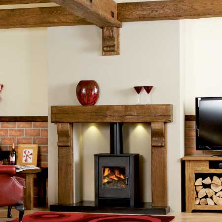 The Gatsby surround is produced from solid air-dried European Oak, cut from the heart of the log and features natural knots, splits and shakes.

Steel Beam Covers and Wall and Ceiling Spars can be made to any dimension and finished to match your fireplace.

Stove for illustration purposes only.


