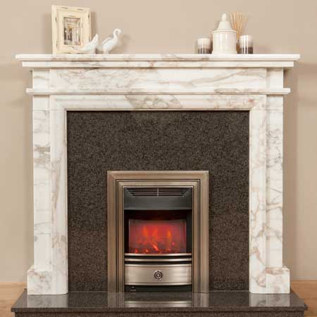 A truly majestic 18th century period mantel piece, with moulded frame mantel opening, plain frieze and corniced shelf, an ideal choice for modern or period style rooms.

Shown in Calacatta Vagli Natural Marble with Impala Granite hearth and inset.

Fire for illustration purposes only.

