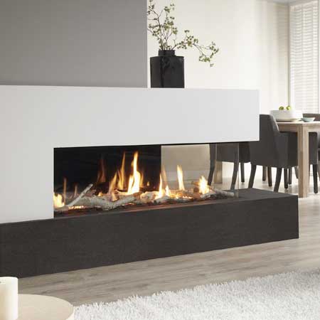 Tunnel fireplace. 87% highest measured output. PowerVent system optional. Left or right version available.

