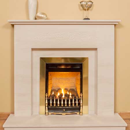 The classical design is enhanced by a sandblasted Celtic motif on the centre fascia.

Shown in natural Portuguese Limestone - Semi Rojo (honed finish) with matching hearth and inset.

Fire for illustration purposes only.