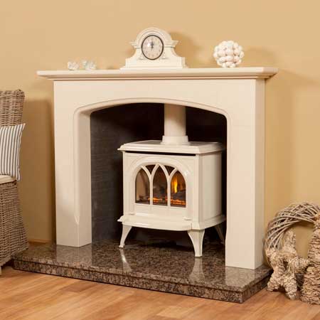 Popular design with a deep profiled curved fascia. Shown with stove, but also looks stunning with any electric or gas fire.

Shown in Braga Agglomerate Marble with Baltic Brown natural granite hearth.

Stove for illustration purposes only.

