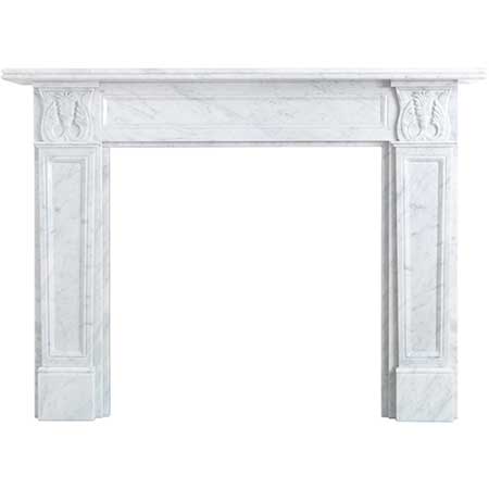 The Corinthian mantel is hand-crafted in the traditional way and manufactured in Italian Carrara pure marble (colouration tends to be white with grey fleck or veining). 

The mantel displays beautiful acanthus leaf designs carved into the top of each leg.
